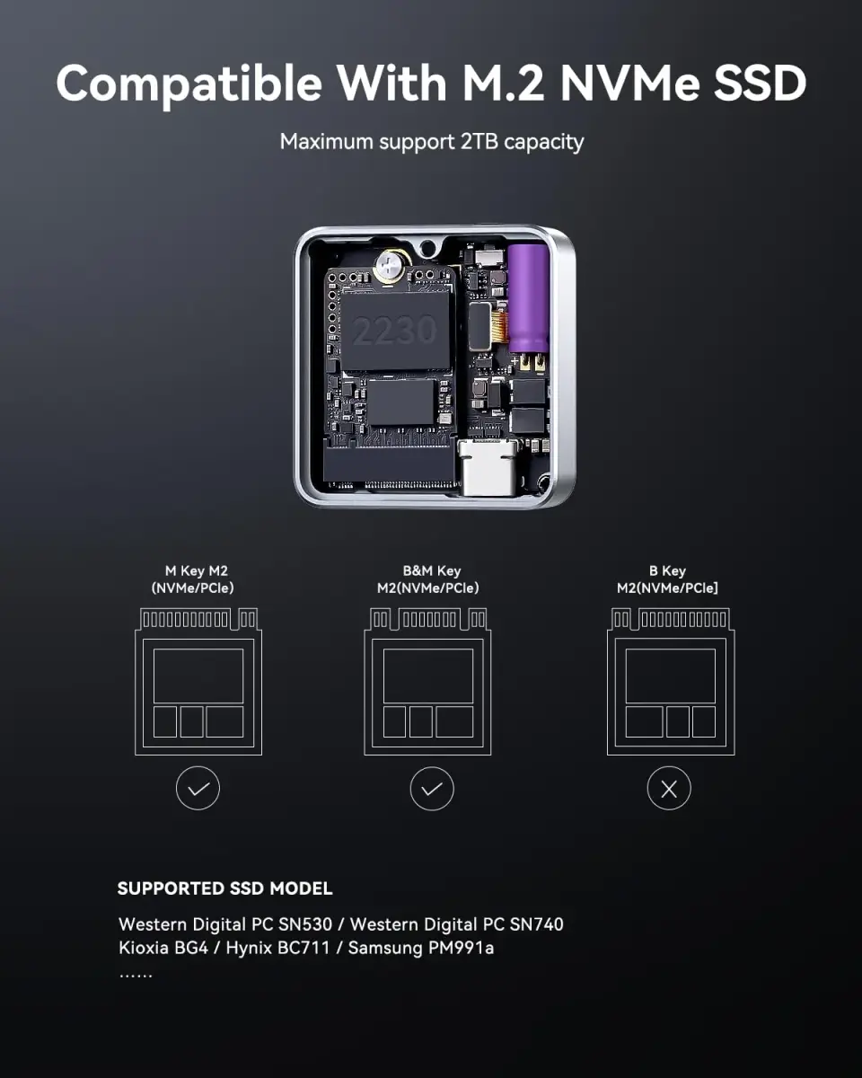DockCase Pocket M.2 2230 NVMe SSD Enclosure Silver | USB 3.2 Gen 2 10Gbps Type-C for PCIe M-Key B+M Key UASP - view 7