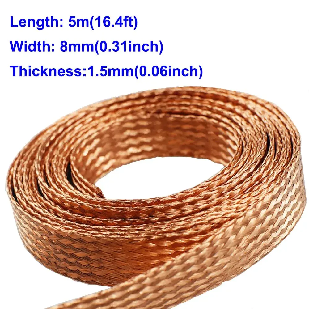 Euogeudel Flat Copper Braid Cable 5m (16.4ft) | Grounding Strap Wire for Electrical Circuits - view 2