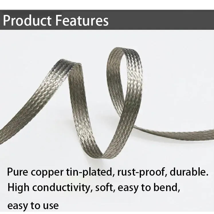 Euogeudel Tinned Flat Copper Braid Cable 5m (16.4ft) | Flexible Grounding Strap Wire 11mm Width - view 5