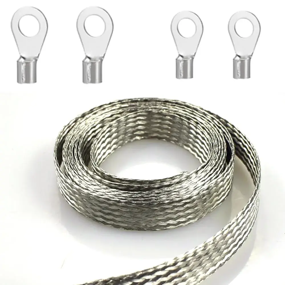 Euogeudel Tinned Flat Copper Braid Cable, 6mm Width, Flexible Grounding Strap Wire - main product image