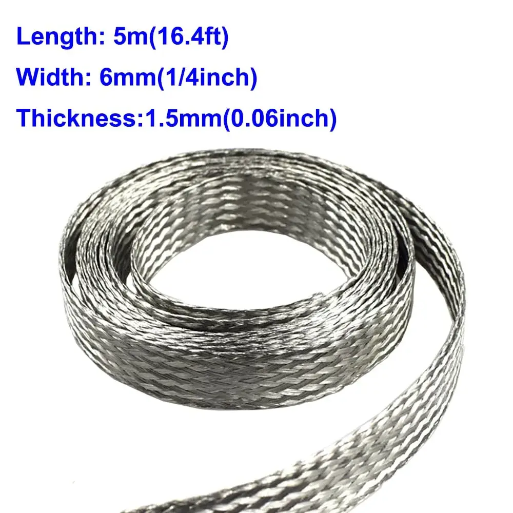Euogeudel Tinned Flat Copper Braid Cable, 6mm Width, Flexible Grounding Strap Wire - view 2