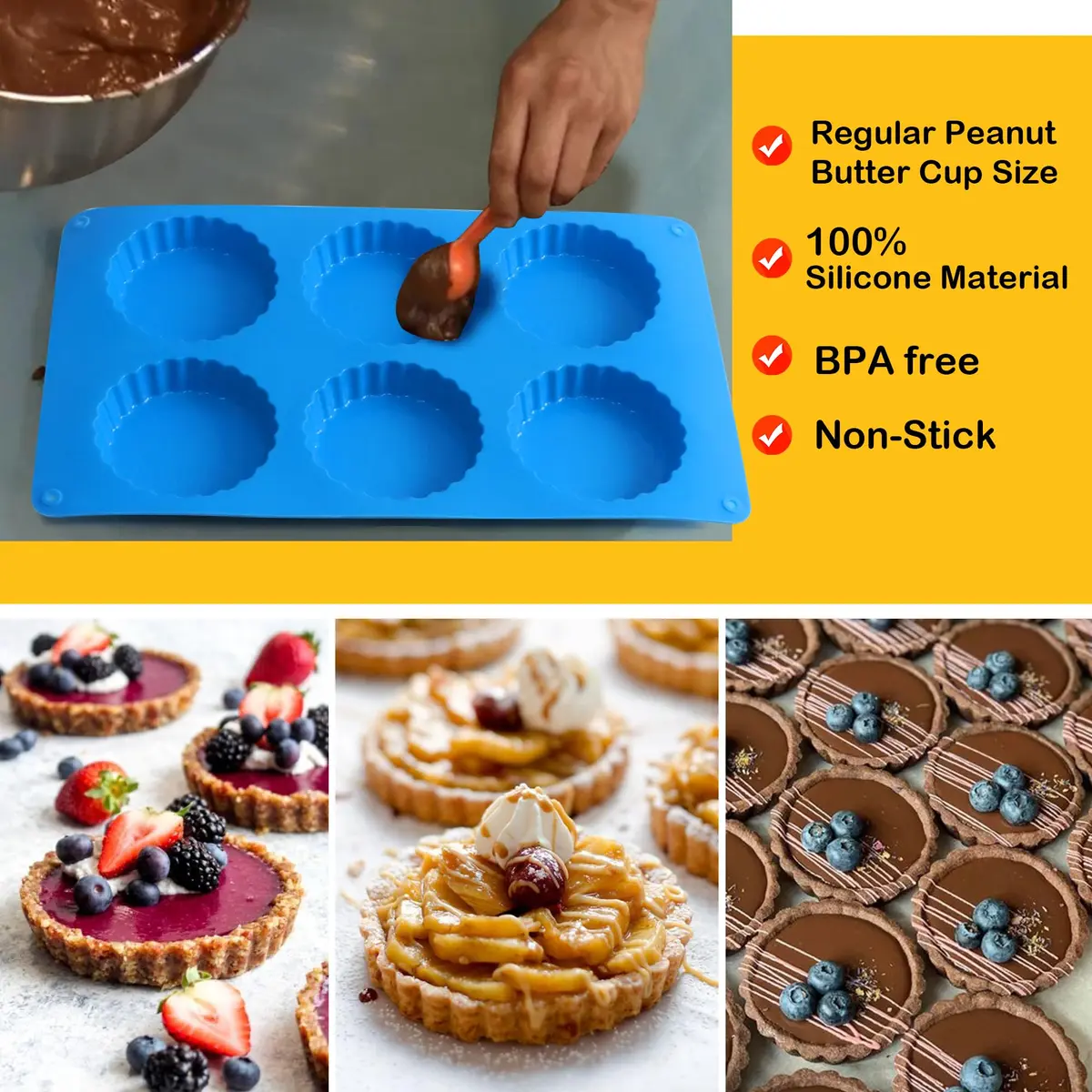 Sidosir 3pcs Peanut Butter Cup Mold | Silicone Mini Tart Pan for Fat Bombs & Brownies (-40°C to 230°C) - view 6