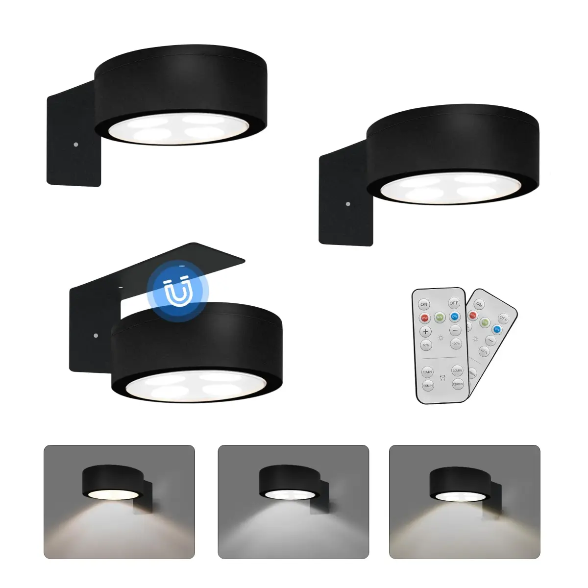 Xuolder Battery Operated Picture Lights 3-Pack | Magnetic LED Puck Lights with Remote & Timer - main product image