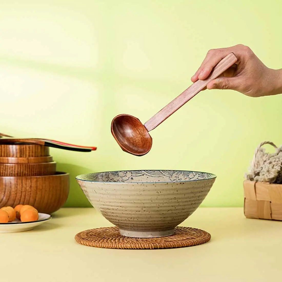 Auswalar Japanese Wooden Ramen Spoons with Long Handle, 22 cm (8.66 in) - Set of 4 - view 7