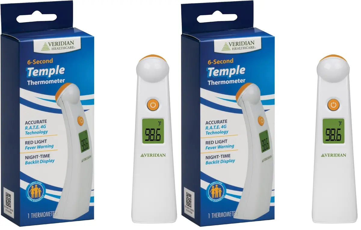 Veridian Healthcare Temple Thermometer | Infrared Measurements | Fast 6-Second Readout | Fever Alert | Backlit Display | Programmable Timer | 1-Year Warranty (Pack of 2) - main product image