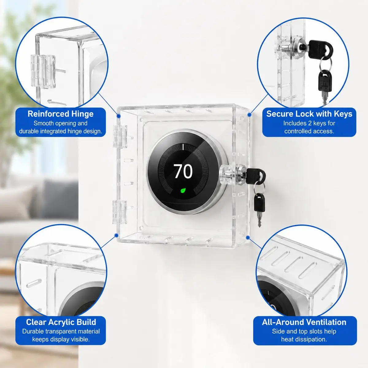 Young Dance Thermostat Lock Box with 2 Keys, Clear Acrylic Cover for Small Thermostats | Prevents Tampering & Unauthorized Adjustments - view 5
