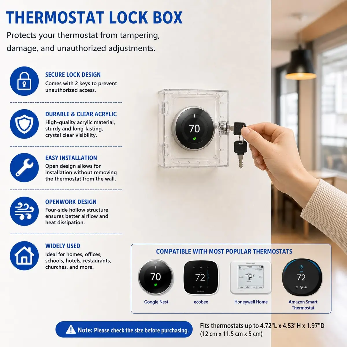 Young Dance Thermostat Lock Box with 2 Keys, Clear Acrylic Cover for Small Thermostats | Prevents Tampering & Unauthorized Adjustments - view 3