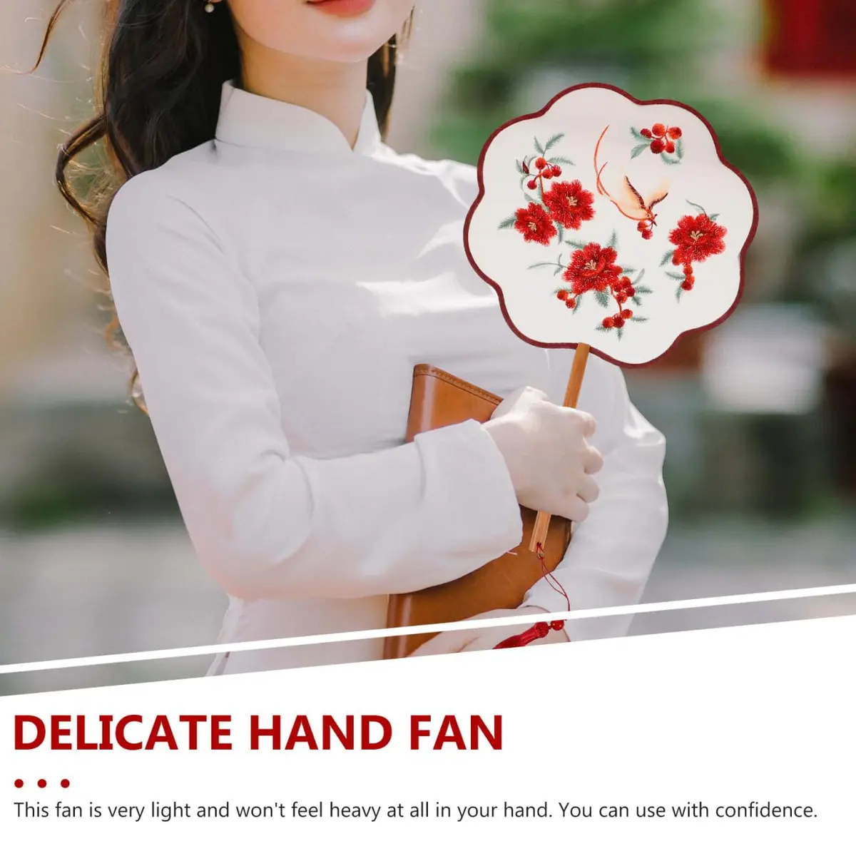 HOMSFOU Red Electric Fan 35.5CM | Handcrafted Silk & Wood Vintage Decor - view 3