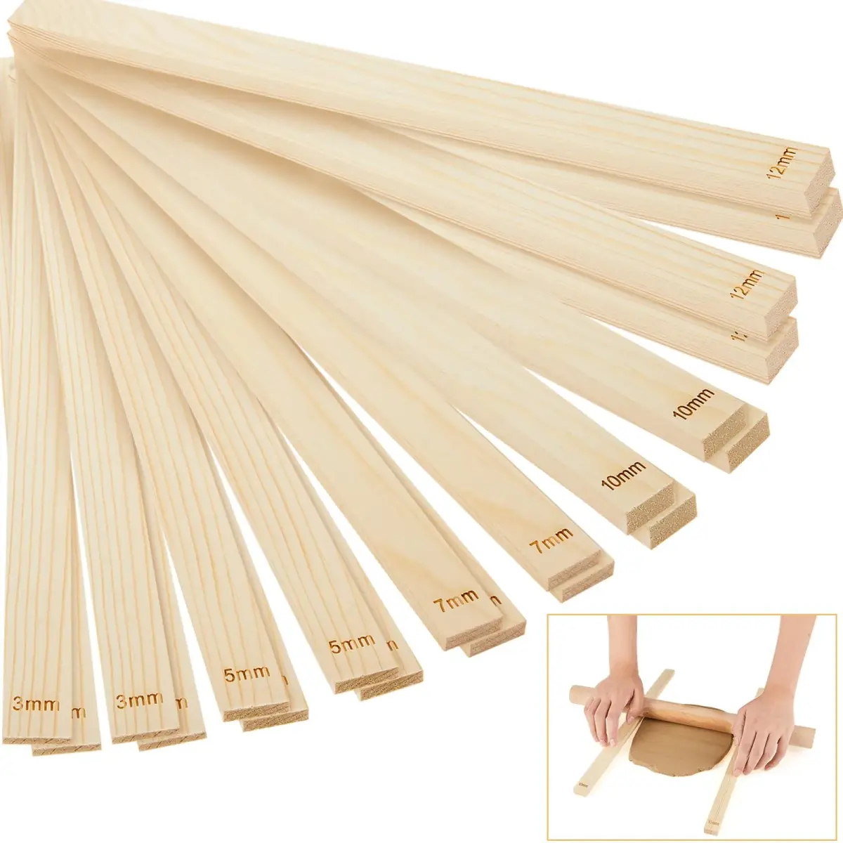 Sasylvia 20 Pcs Wood Clay Rolling Pin Guides, 3mm-12mm Thickness | Essential for Even Clay Slabs - main product image