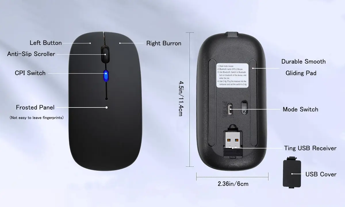 AIKOKOK Wireless Bluetooth Mouse, Rechargeable Dual Mode, Black | Silent, Portable, 2.4G & Bluetooth 5.2/3.0 - view 8