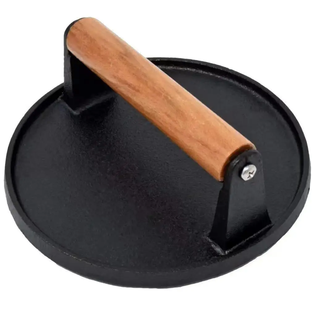 JNXHON Heavy Duty Cast Iron Smash Burger Press 6.4" | Flat Round Barbecue Meat Flat Press with Wooden Handle for Griddle & Sandwiches - view 2