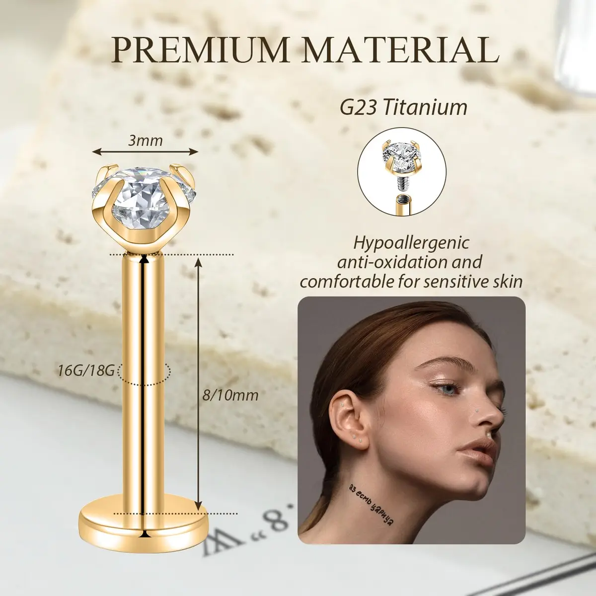 GAGABODY Labret Studs 16g G23 Titanium Lip Piercing Jewelry CZ Internally Threaded Earrings Gold Tragus Earrings 6mm Helix Stud Cartilage Piercing - view 5