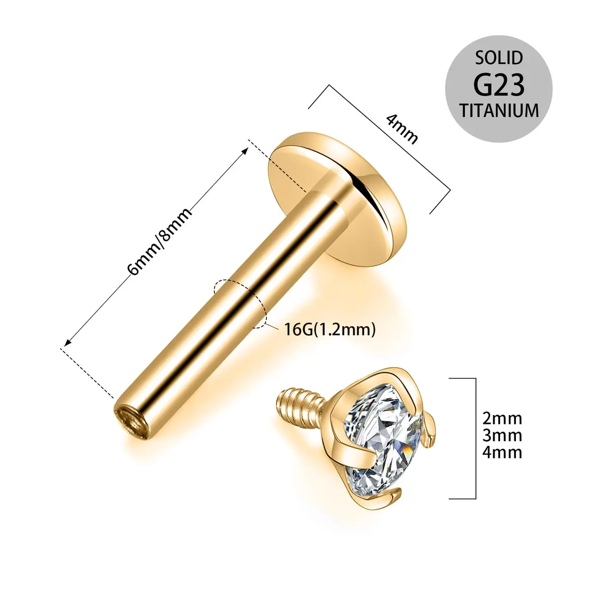 GAGABODY Labret Studs 16g G23 Titanium Lip Piercing Jewelry CZ Internally Threaded Earrings Gold Tragus Earrings 6mm Helix Stud Cartilage Piercing - view 8