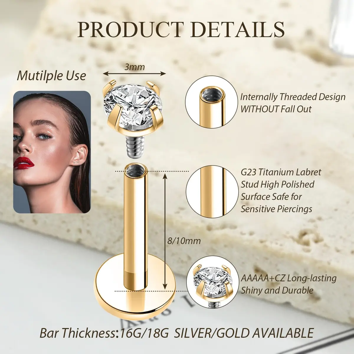 GAGABODY Labret Studs 16g G23 Titanium Lip Piercing Jewelry CZ Internally Threaded Earrings Gold Tragus Earrings 6mm Helix Stud Cartilage Piercing - view 4