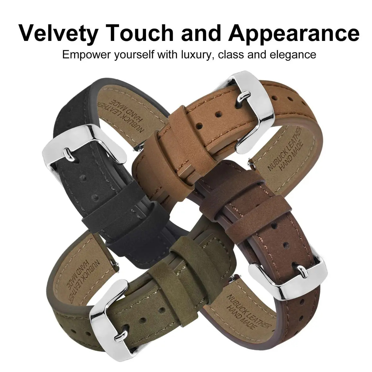 WOCCI 20mm Retro Nubuck Leather Watch Band with Silver Buckle | Quick Release Replacement Strap - view 8