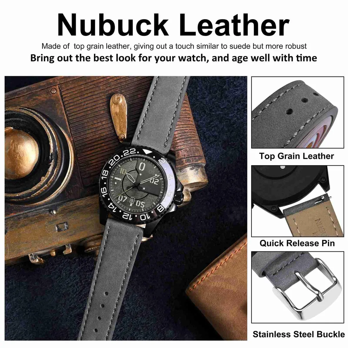 WOCCI 20mm Retro Nubuck Leather Watch Band with Silver Buckle | Quick Release Replacement Strap - view 4