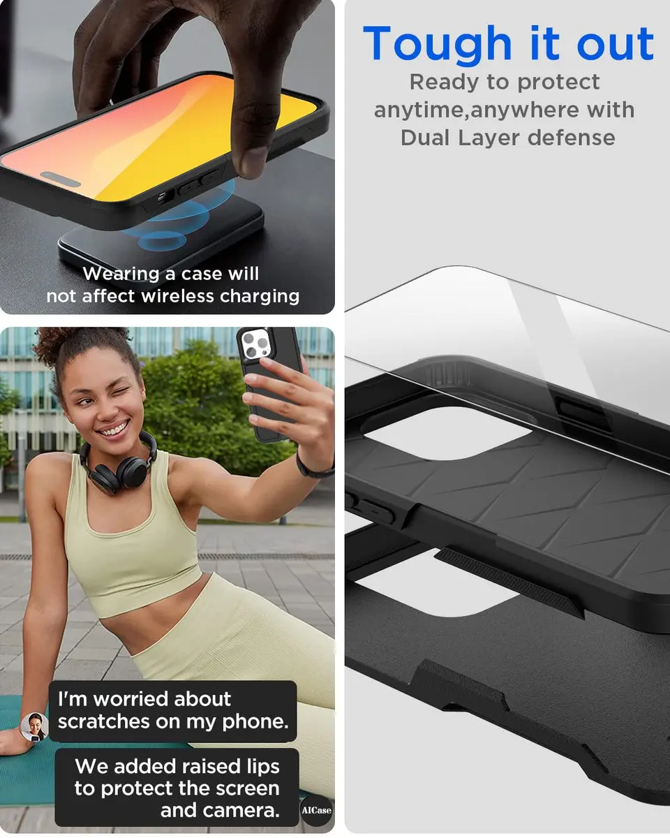 AICase iPhone 15 Pro Max Case with Glass Screen Protector & Camera Lens | Heavy Duty Drop Protection - view 5