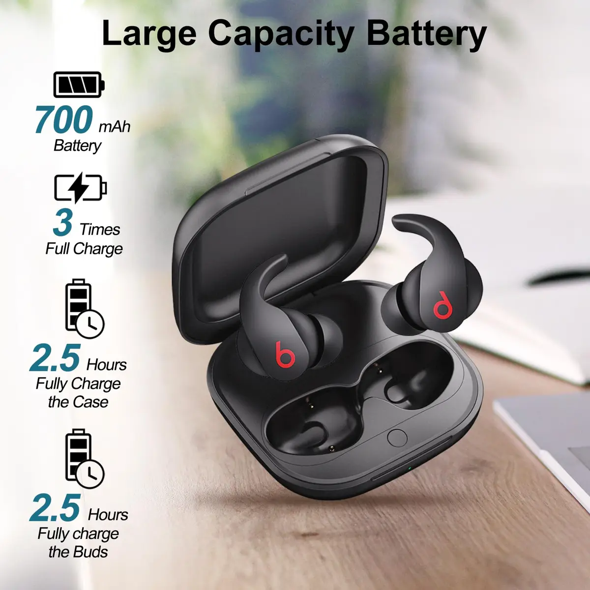 leQuiven Wireless Charging Case for Beats Fit Pro, Black | 700mAh Battery, Bluetooth Pairing - view 3