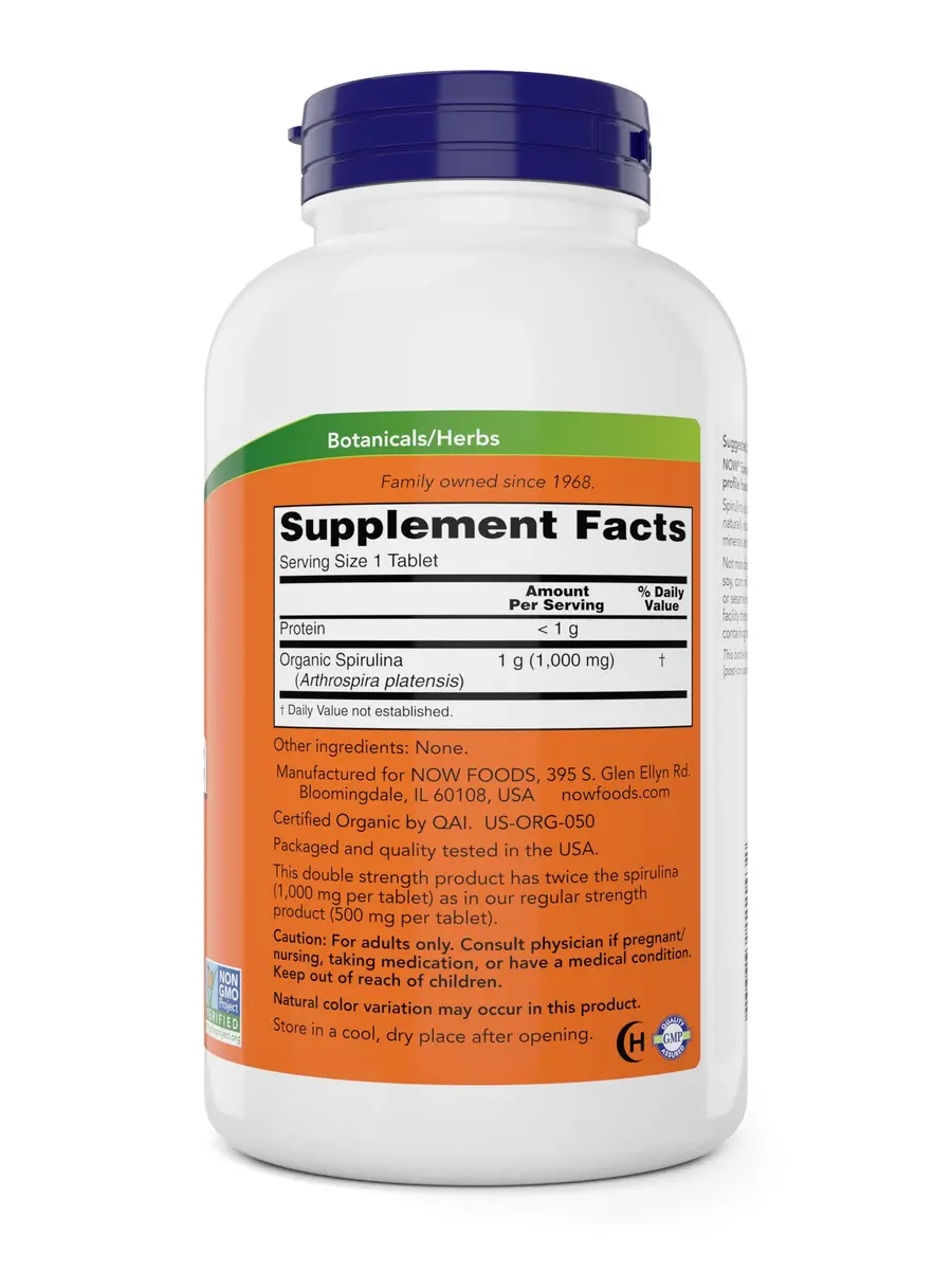 NOW Foods Organic Spirulina 1000mg Tablets - 300 Count | Double Strength, Non-GMO, Vegan - view 2