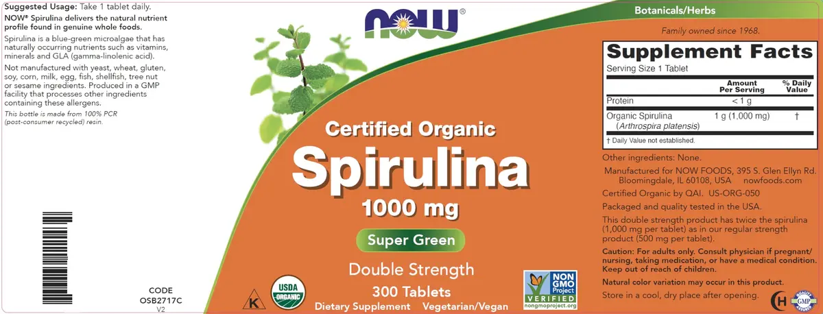 NOW Foods Organic Spirulina 1000mg Tablets - 300 Count | Double Strength, Non-GMO, Vegan - view 4