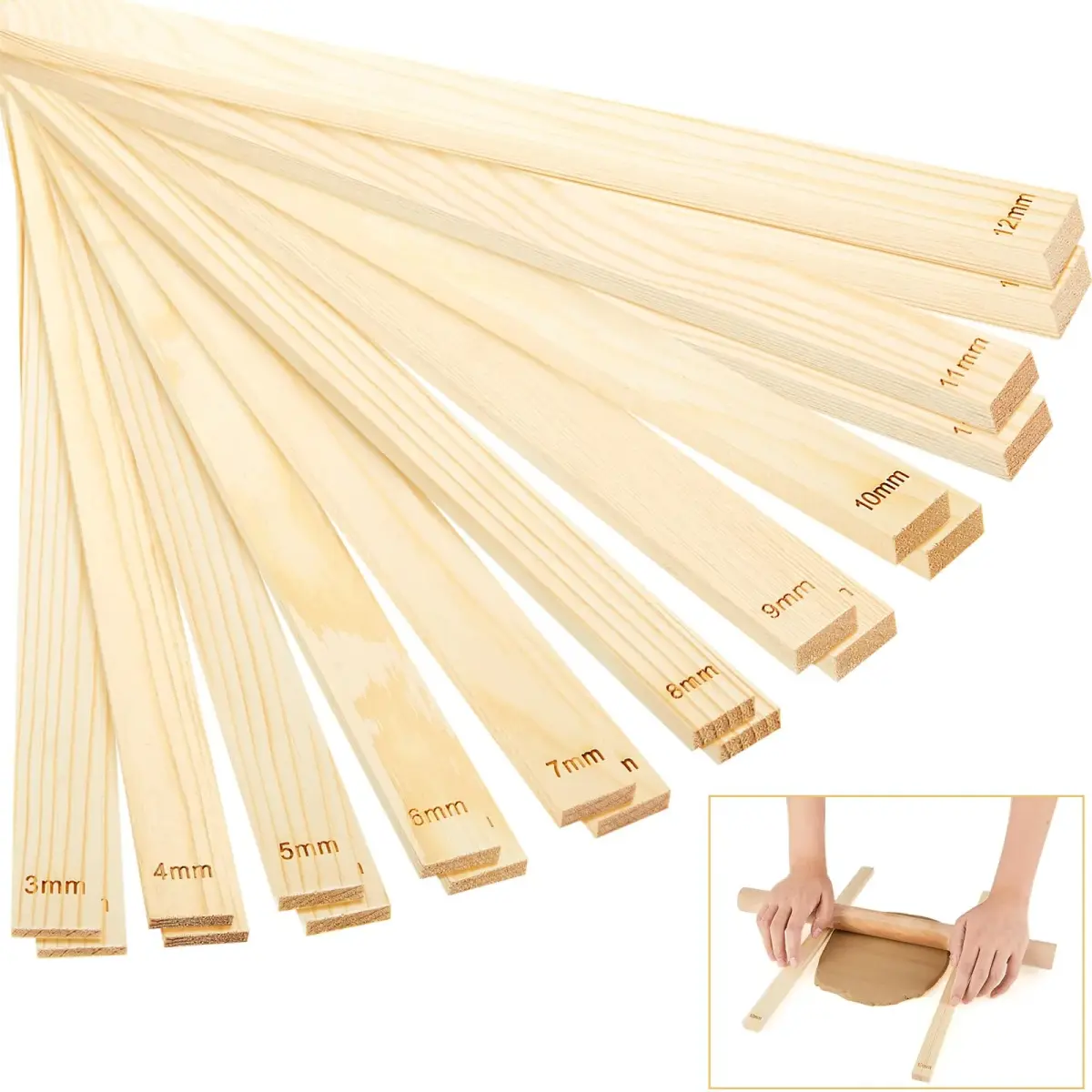 Sasylvia 20 Pcs Wood Clay Rolling Pin Guides, 10 Sizes, 34cm (13.4in) | Flat Clay Rolling Tools for Sculpting - main product image