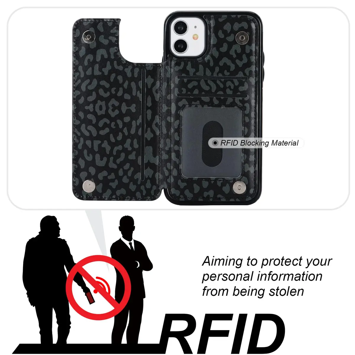 HAOPINSH Wallet Case with Card Holder for iPhone 11, Black Leopard | RFID Blocking, Shockproof & Kickstand (6.1") - view 3