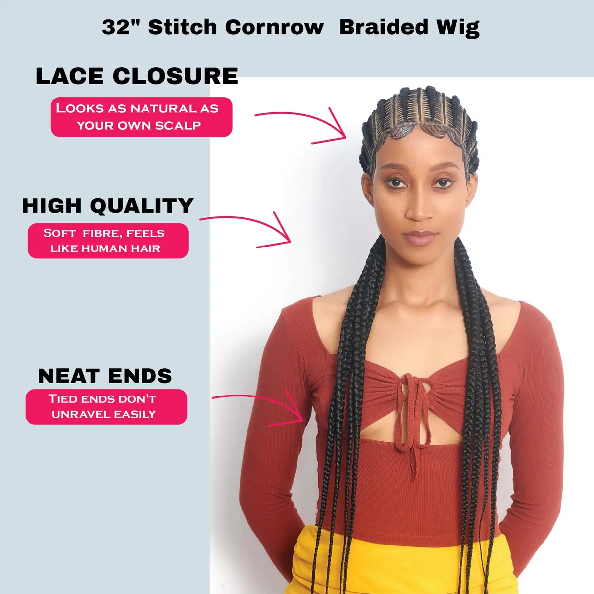 Wow Braids 32" Full 360 HD Lace Front Cornrow Braided Wig for Women | Synthetic Handmade Edgy Style - view 2