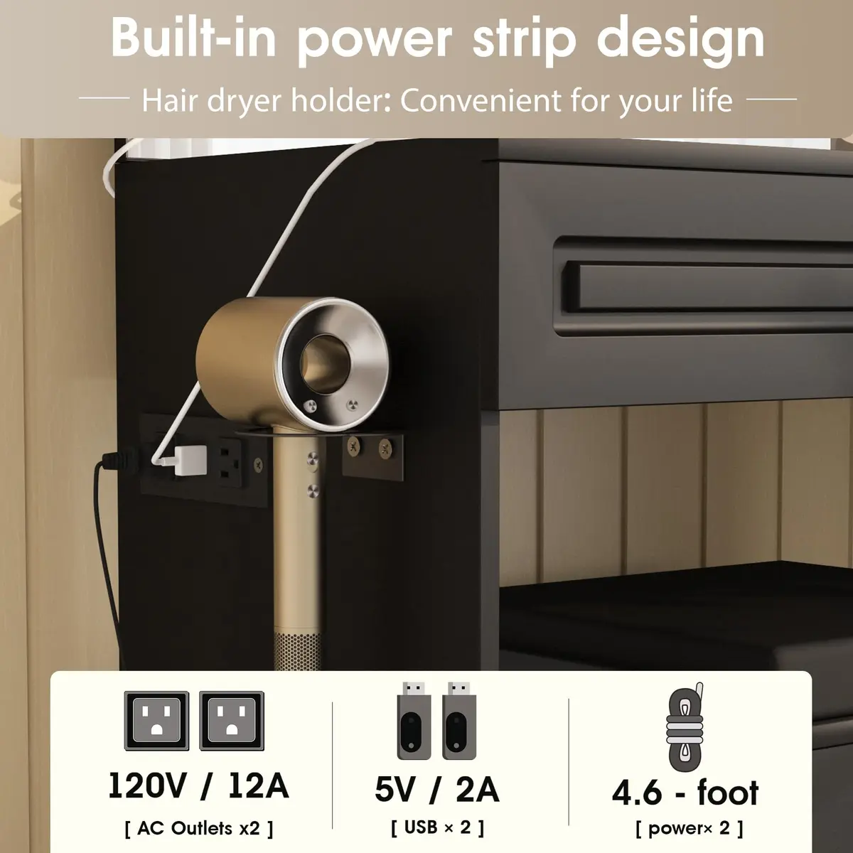 Fameill Large Makeup Vanity Desk with Lighted Mirror & Power Strip, Black | Modern Bedroom Furniture with 3 Drawers & Tempered Glass - view 6