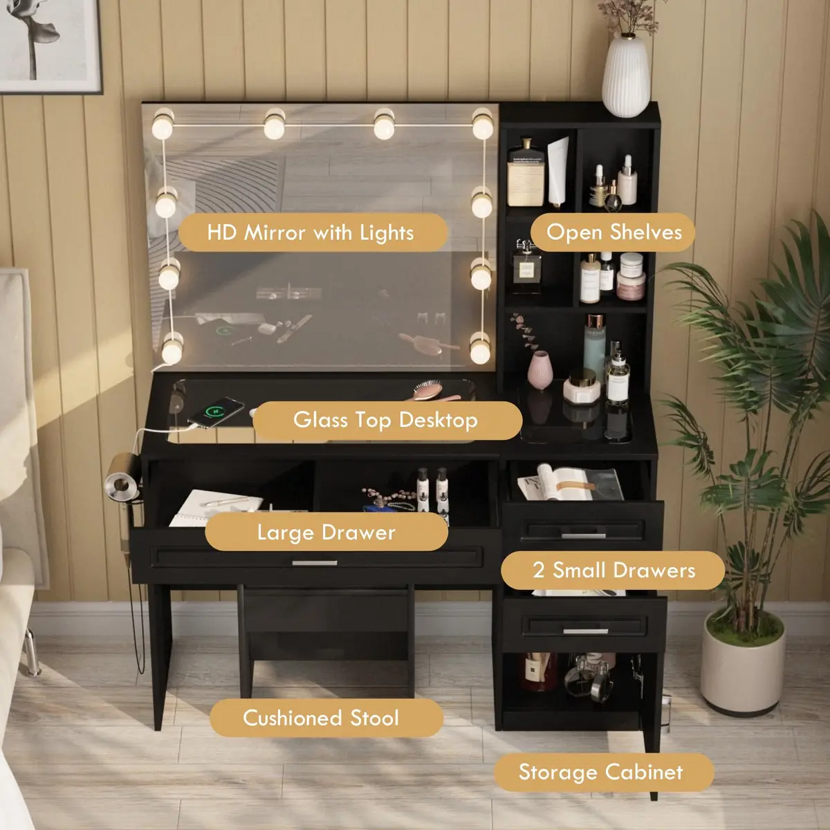 Fameill Large Makeup Vanity Desk with Lighted Mirror & Power Strip, Black | Modern Bedroom Furniture with 3 Drawers & Tempered Glass - view 7