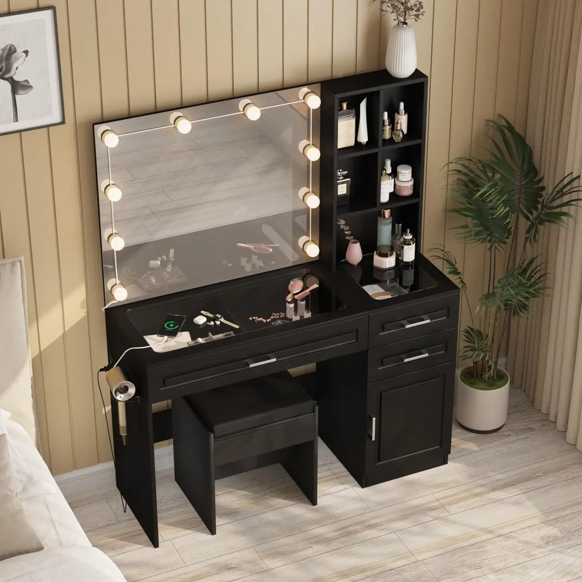 Fameill Large Makeup Vanity Desk with Lighted Mirror & Power Strip, Black | Modern Bedroom Furniture with 3 Drawers & Tempered Glass - view 8