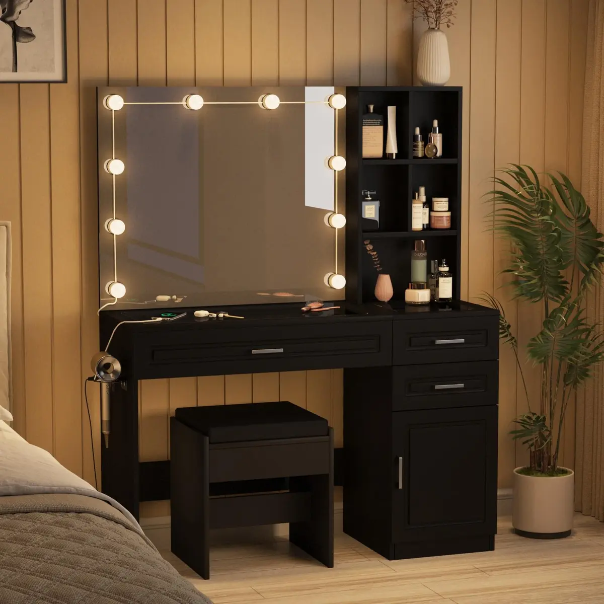 Fameill Large Makeup Vanity Desk with Lighted Mirror & Power Strip, Black | Modern Bedroom Furniture with 3 Drawers & Tempered Glass - view 9