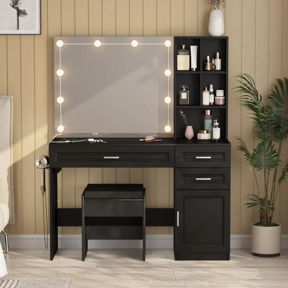 Fameill Large Makeup Vanity Desk with Lighted Mirror & Power Strip, Black | Modern Bedroom Furniture with 3 Drawers & Tempered Glass - view 2