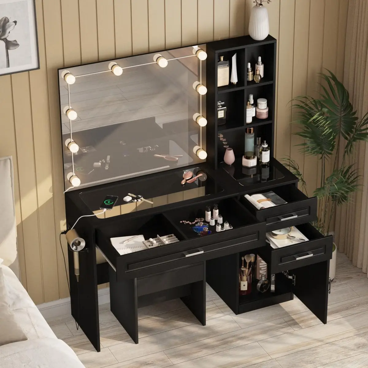 Fameill Large Makeup Vanity Desk with Lighted Mirror & Power Strip, Black | Modern Bedroom Furniture with 3 Drawers & Tempered Glass - view 3