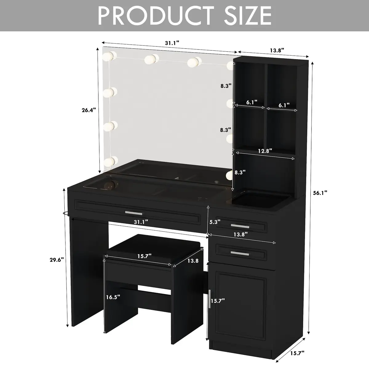 Fameill Large Makeup Vanity Desk with Lighted Mirror & Power Strip, Black | Modern Bedroom Furniture with 3 Drawers & Tempered Glass - view 4