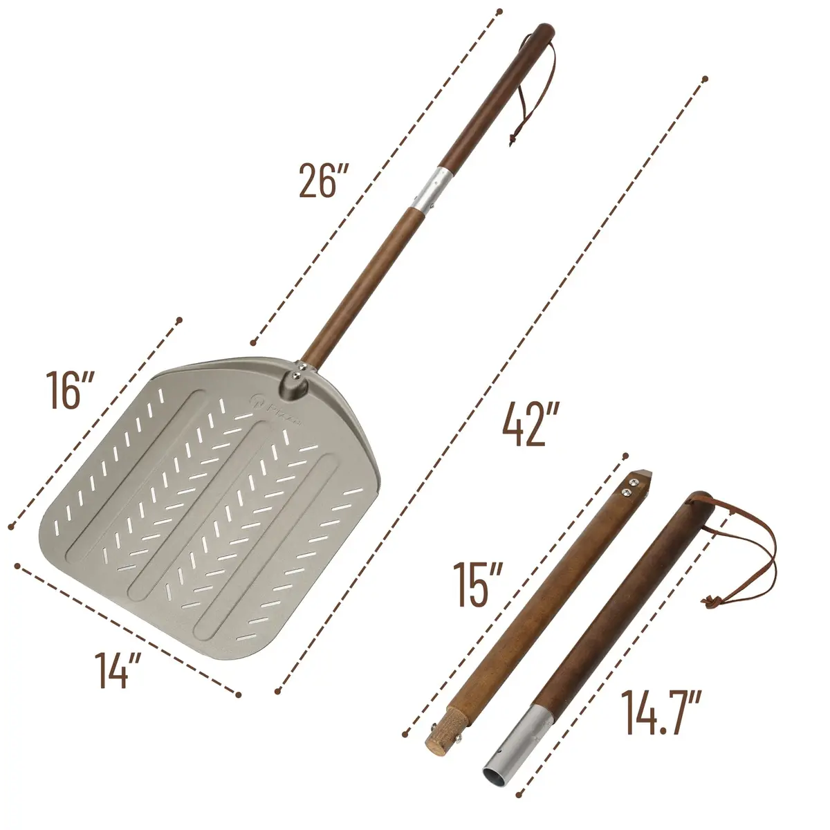 Q Pizza Perforated Pizza Peel 14" x 42" with Detachable Wood Handle & Rolling Pin Function | Lightweight Aluminum, Non-Stick, Oven-Safe - view 3