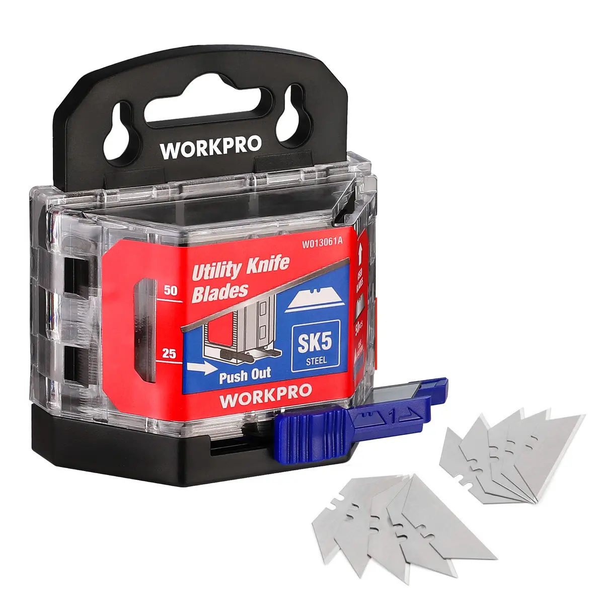 WORKPRO Utility Knife Blades 50 Pack with Dispenser | SK5 Steel Replacement Blades for DIY & Professional Use - main product image