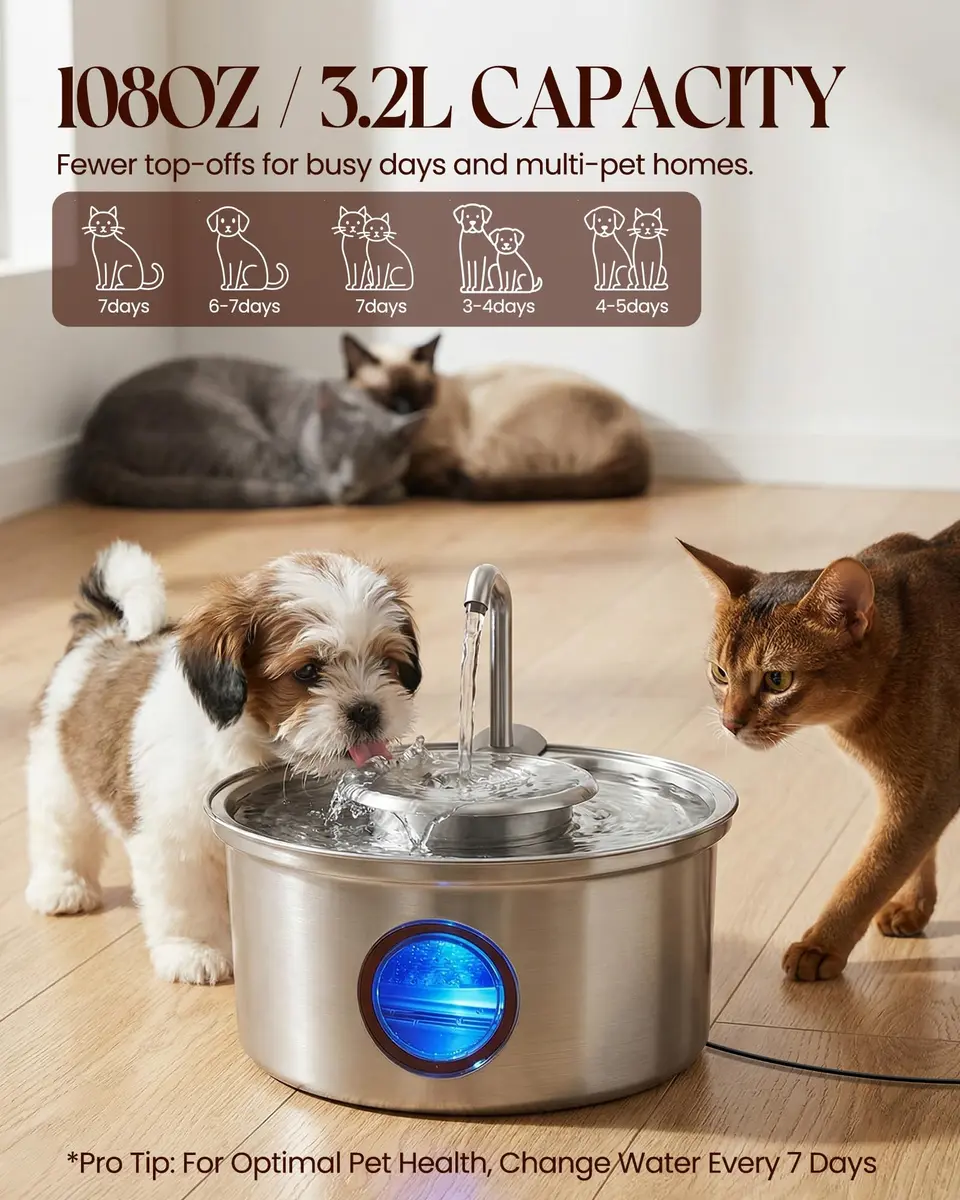 Hicuper Stainless Steel Cat Water Fountain 3.2L | Quiet Flow, Multi-Filter, Removable Bowl - view 4