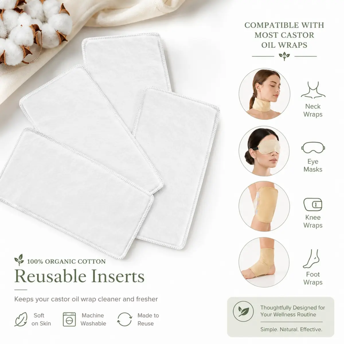 Cogetoro Organic 4 Pack Small Cotton Flannel Inserts for Castor Oil Pack Wrap | Reusable & Washable for Eyes, Neck, Elbow, Knee & Belly Button - view 3
