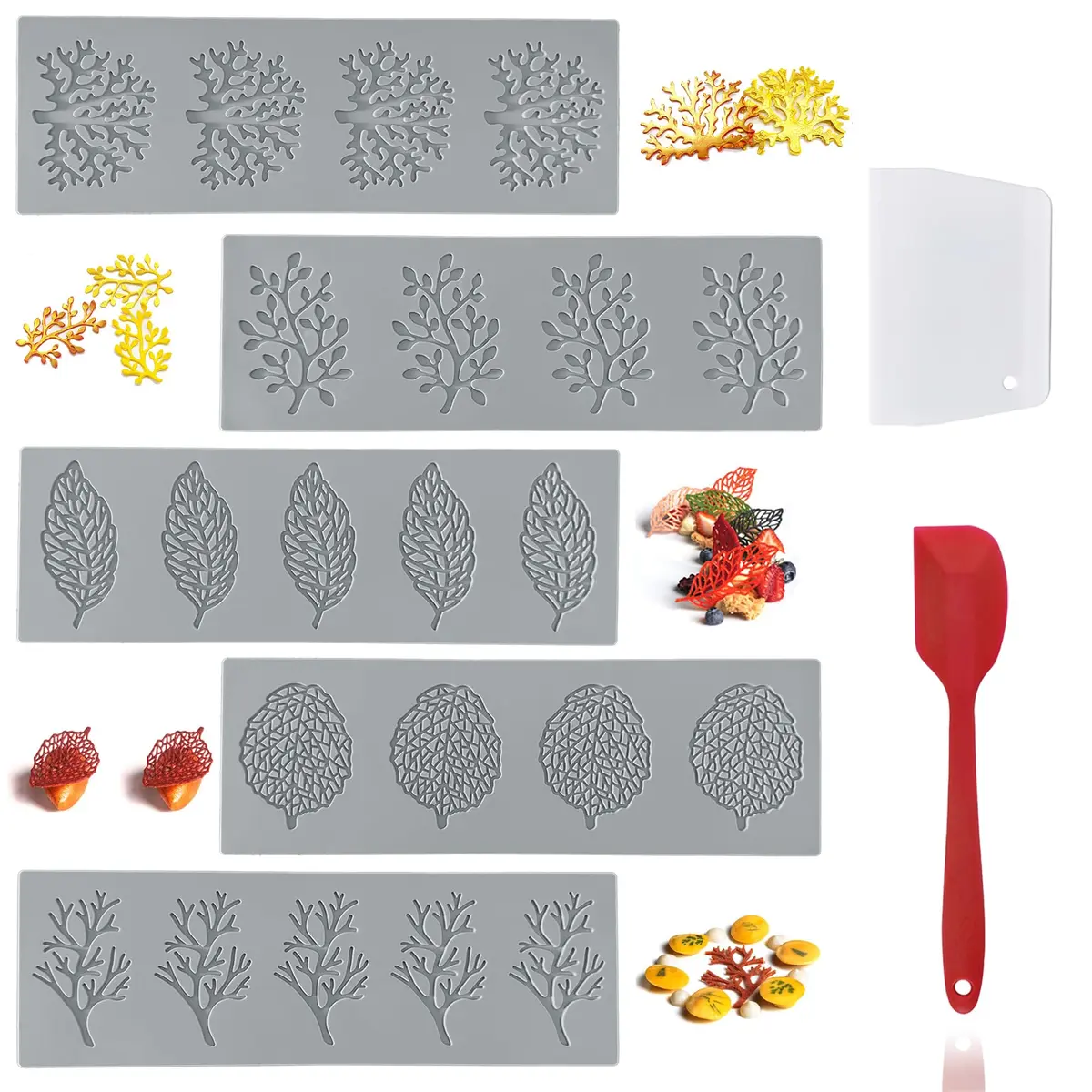 RHVQ 7Pcs Leaf Silicone Fondant Molds Set with Dough Scraper & Spatula | 3D Coral Branch Leaf Chocolate Molds for Baking & Sugar Craft - main product image