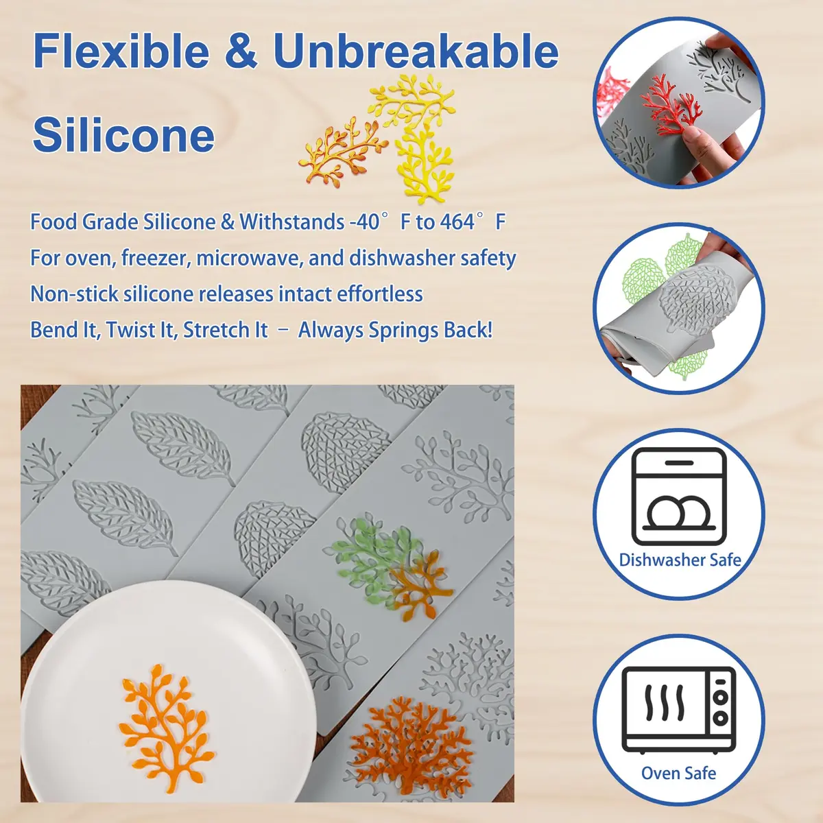 RHVQ 7Pcs Leaf Silicone Fondant Molds Set with Dough Scraper & Spatula | 3D Coral Branch Leaf Chocolate Molds for Baking & Sugar Craft - view 3
