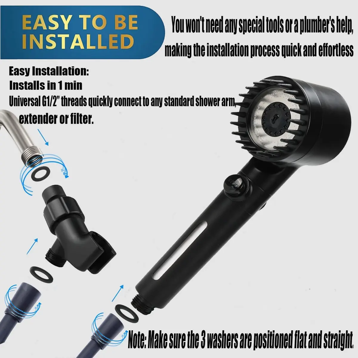 xianshengle Shower Head with Handheld | 3 Modes, High Pressure, Filtered, 59" Hose, Black - view 6