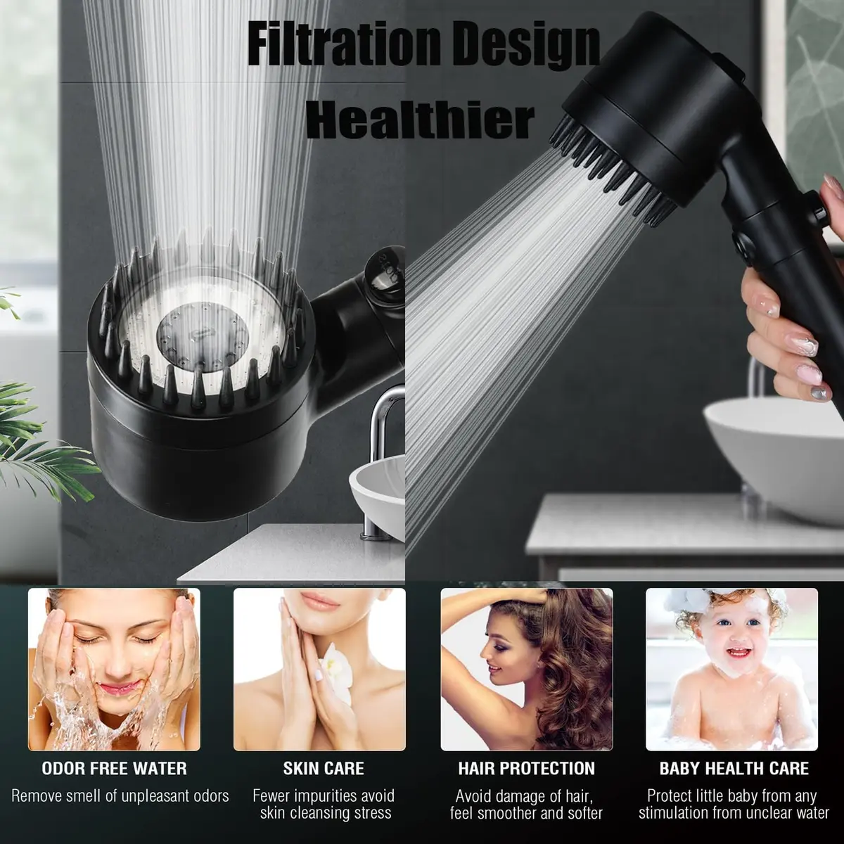 xianshengle Shower Head with Handheld | 3 Modes, High Pressure, Filtered, 59" Hose, Black - view 8