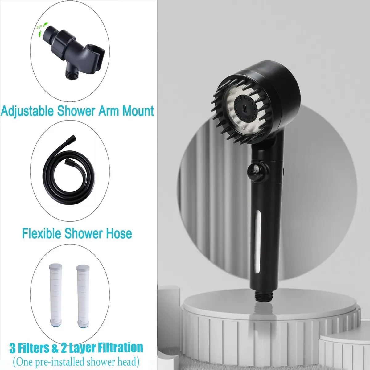 xianshengle Shower Head with Handheld | 3 Modes, High Pressure, Filtered, 59" Hose, Black - view 9