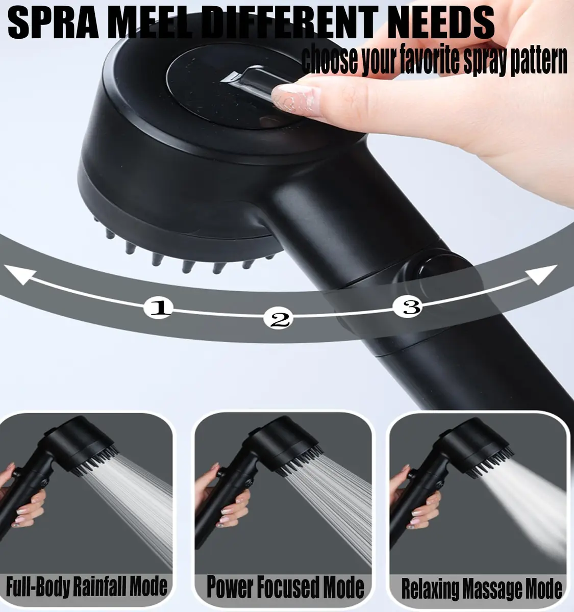 xianshengle Shower Head with Handheld | 3 Modes, High Pressure, Filtered, 59" Hose, Black - view 2