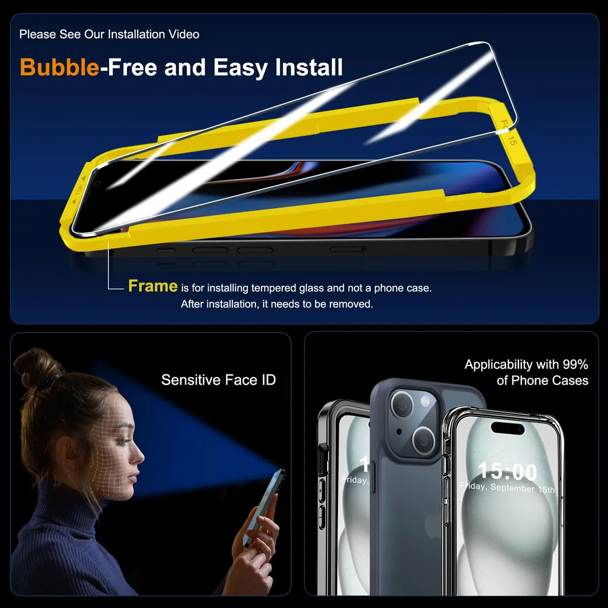 QHOHQ 3 Pack Screen Protector for iPhone 15 6.1 Inch | HD Clear, 9H Hardness, Bubble-Free - view 6