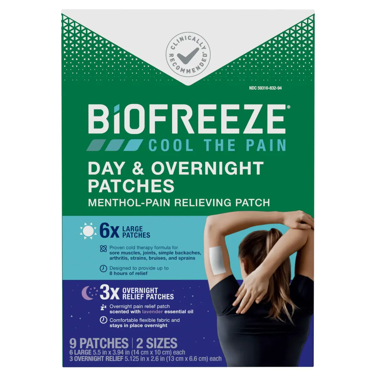 Biofreeze Day & Overnight Pain Relief Patches, 9 Count (6 Day, 3 Night) | Cooling Menthol for Arthritis & Muscle Pain - main product image