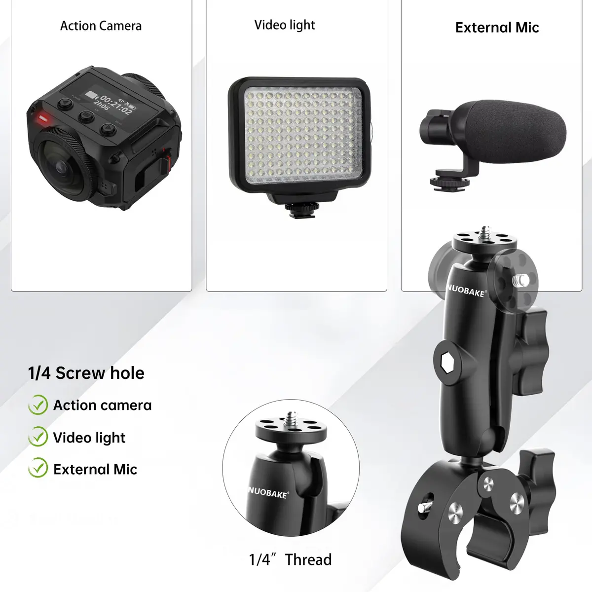 nuobake Universal Insta 360 X5 Motorcycle Bundle | 1/4" Camera Mount, Bike Mount Kit for Action Cameras - view 4