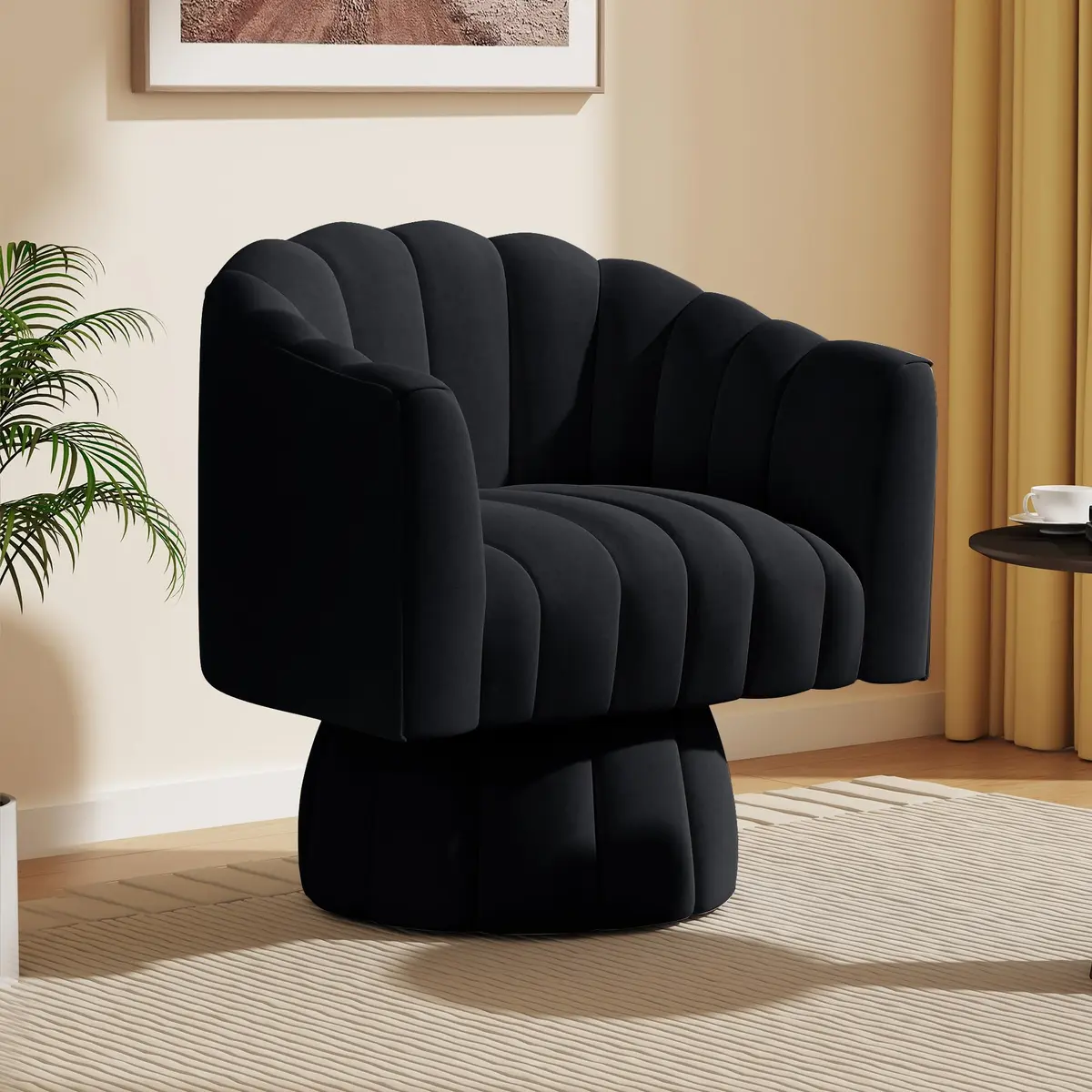 Dewhut Swivel Barrel Accent Chair, Velvet Black | Modern 360° Rotating Lounge Seat - main product image