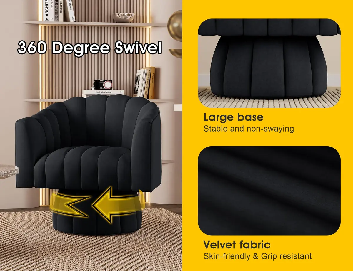 Dewhut Swivel Barrel Accent Chair, Velvet Black | Modern 360° Rotating Lounge Seat - view 5
