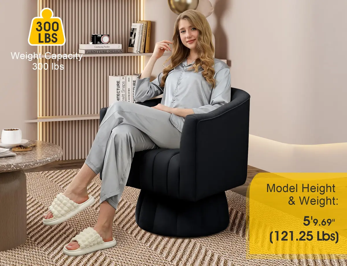 Dewhut Swivel Barrel Accent Chair, Velvet Black | Modern 360° Rotating Lounge Seat - view 2